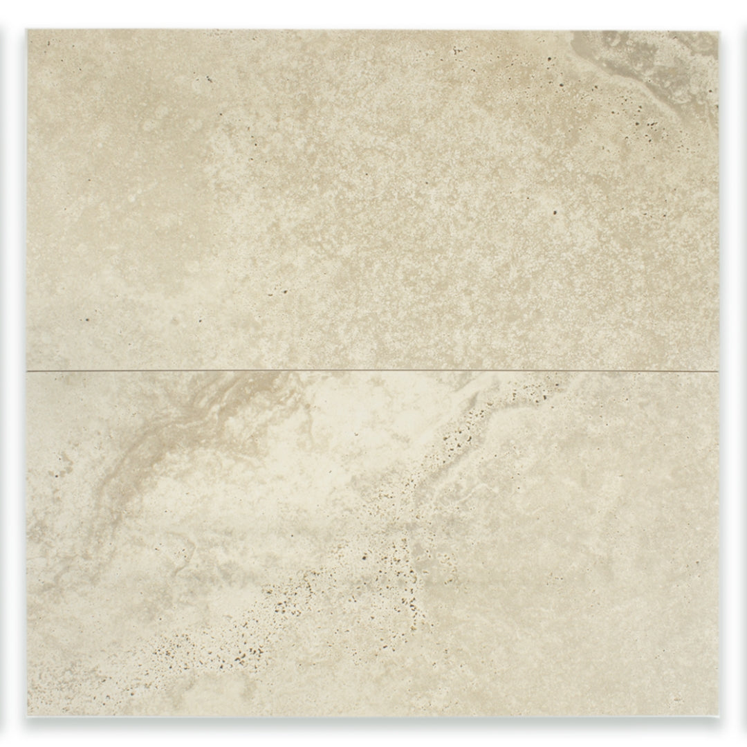 Ariel view of two large rectangular 24x48 tile that resembles travertine stone in light warm greige. 