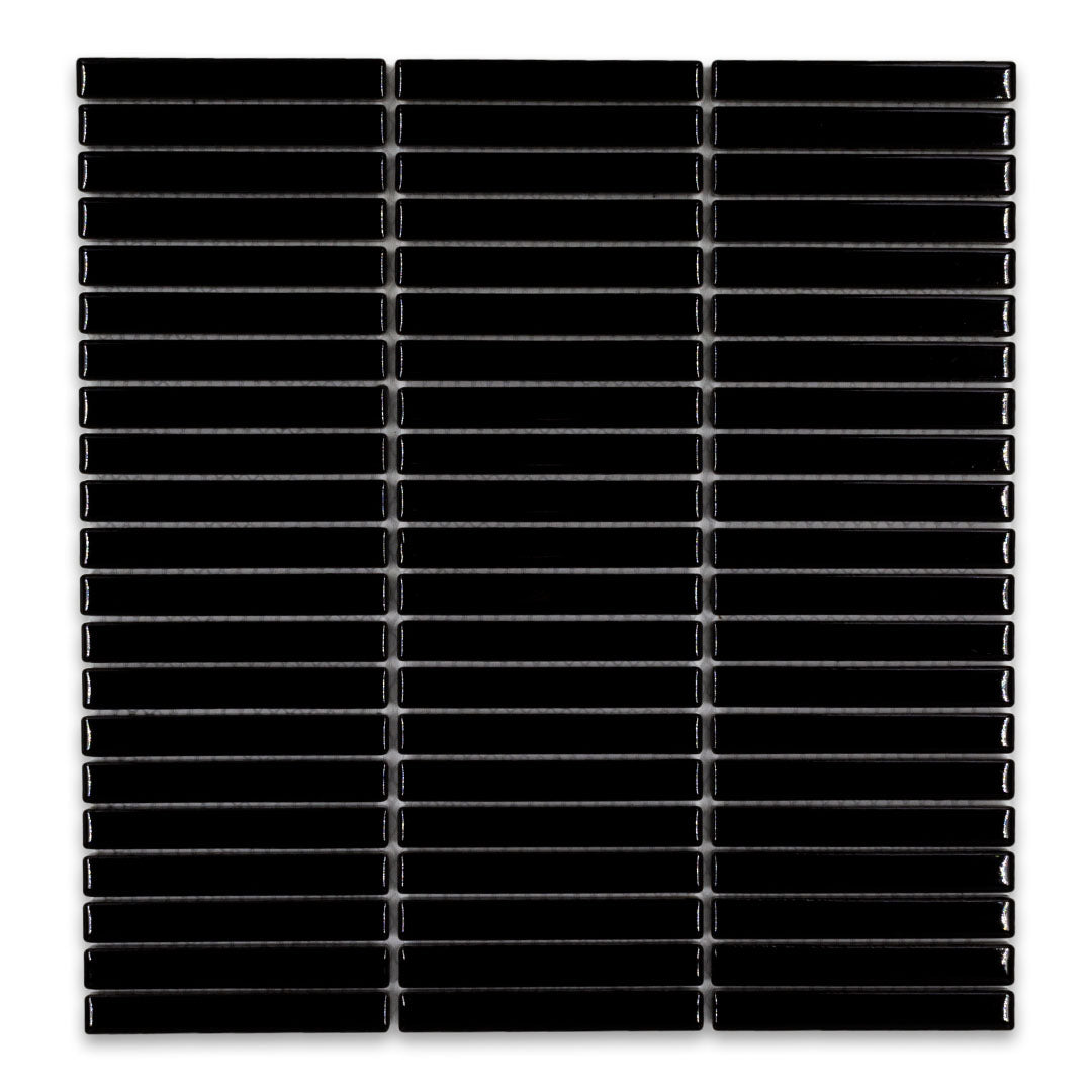 Ariel view of a single sheet of mini kitkat stacked mosaic tiles in deep black glossy. The sizing is 3/8' x 3-5/8