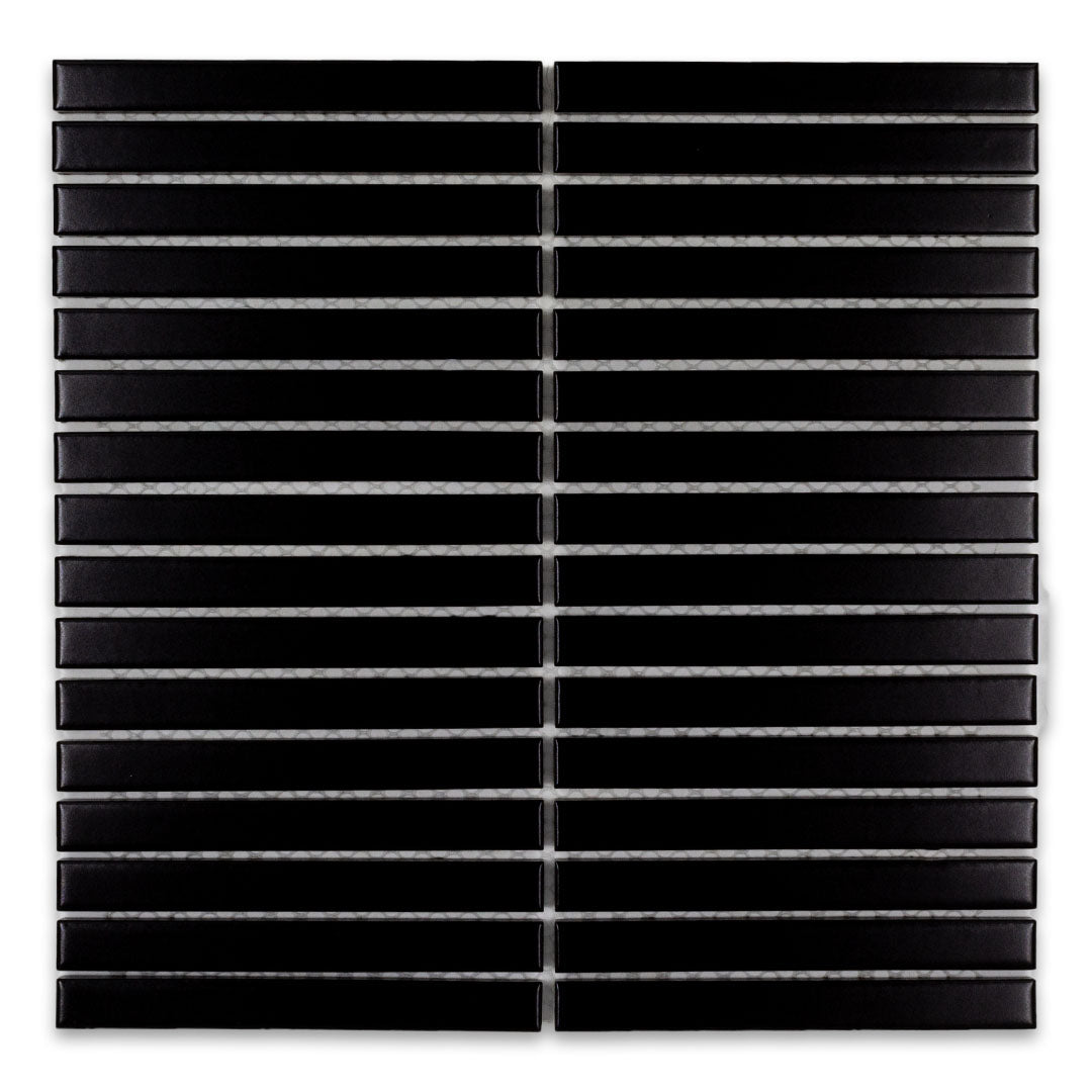 Ariel view of a single sheet of kitkat stacked mosaic tiles in matte true black. The sizing is 5/8' x 5-5/8