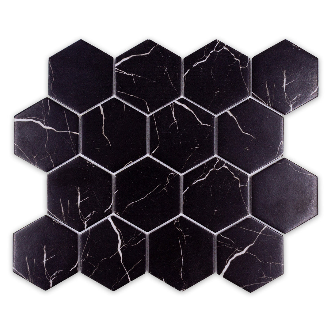 ariel view of 3 inch hexagon recycled glass marble look black mosaic tile