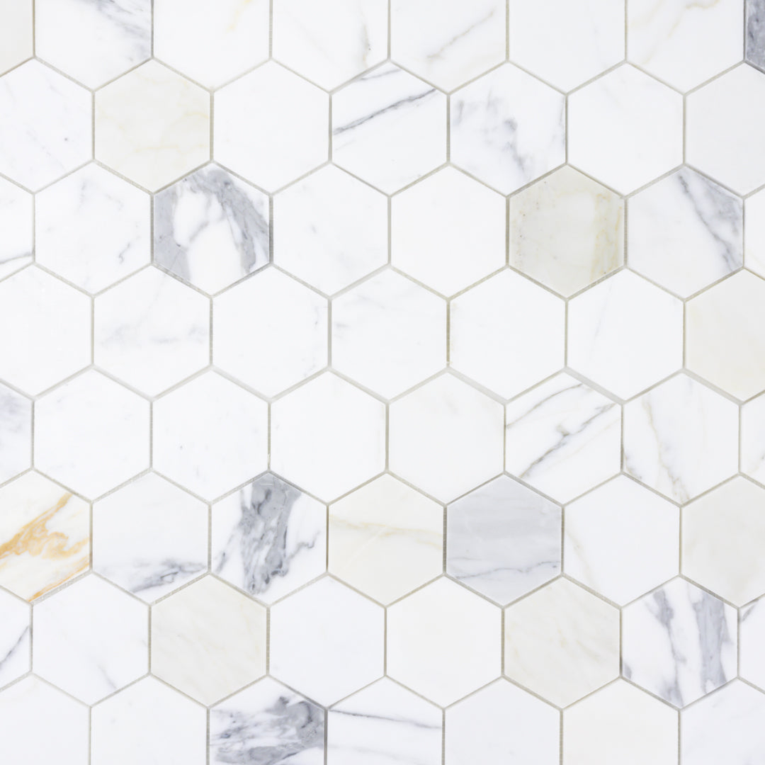 a single sheet of 3x3 hexagon calacatta natural stone mosaic