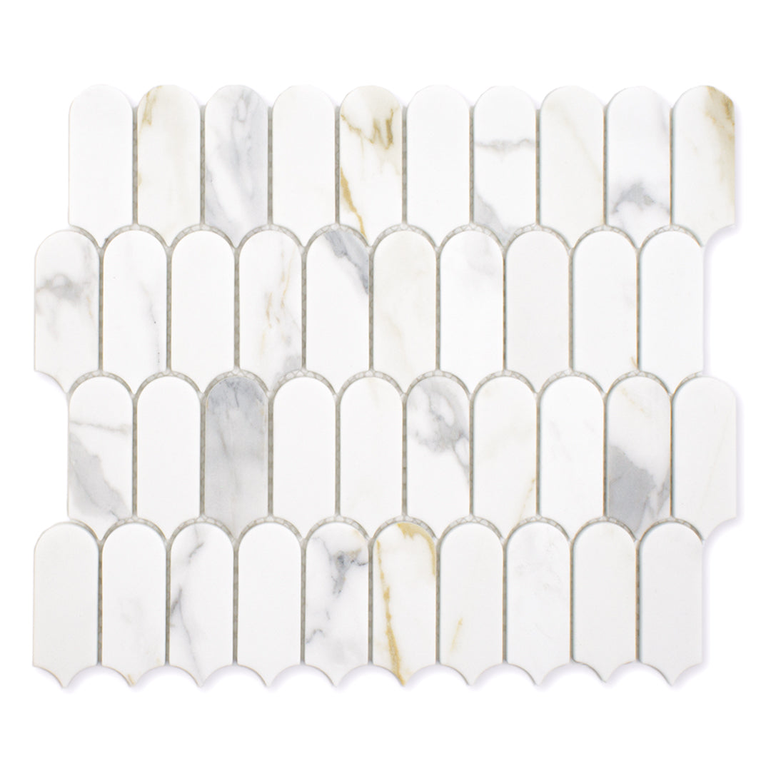 Ariel view of a single sheet of white, 
grey and golden veining marble look porcelain feather scallop mosaic tiles.