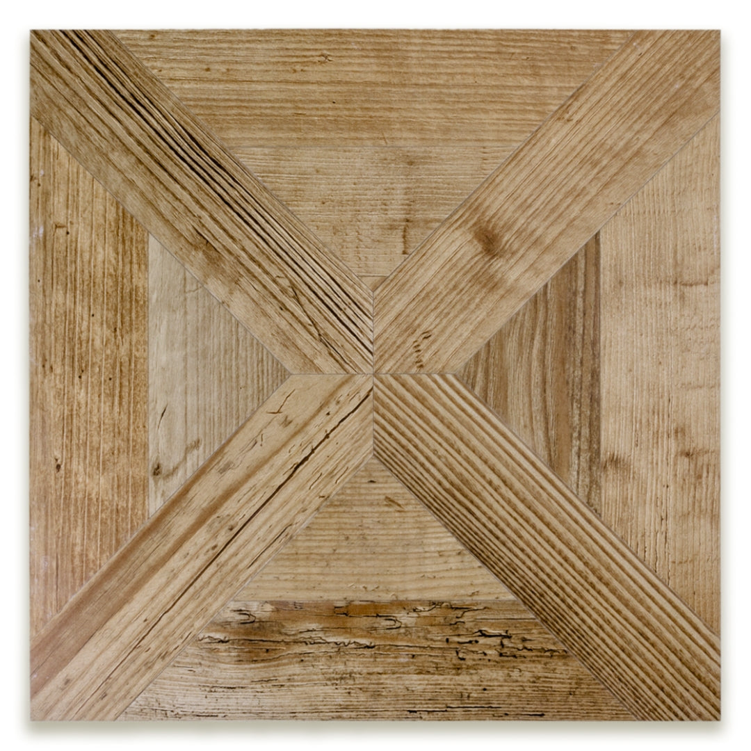 A single 19x19 parquet wood look porcelain tile in a oak blonde light brown colour. 