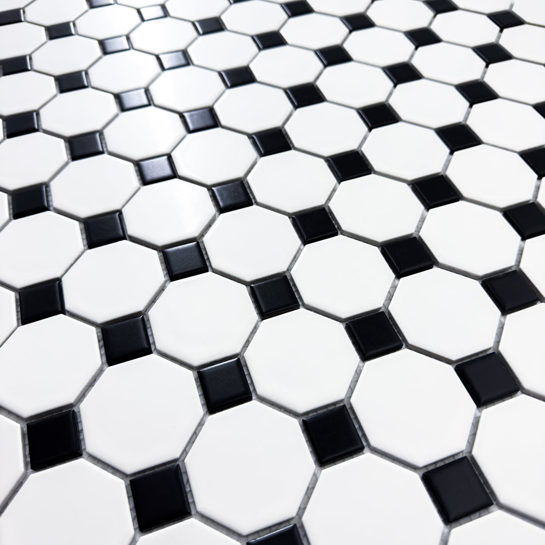 Angled view of a single sheet of Octa-Dot B&W, a classic iconic black and white octagon and dot penny mosaic tile. 