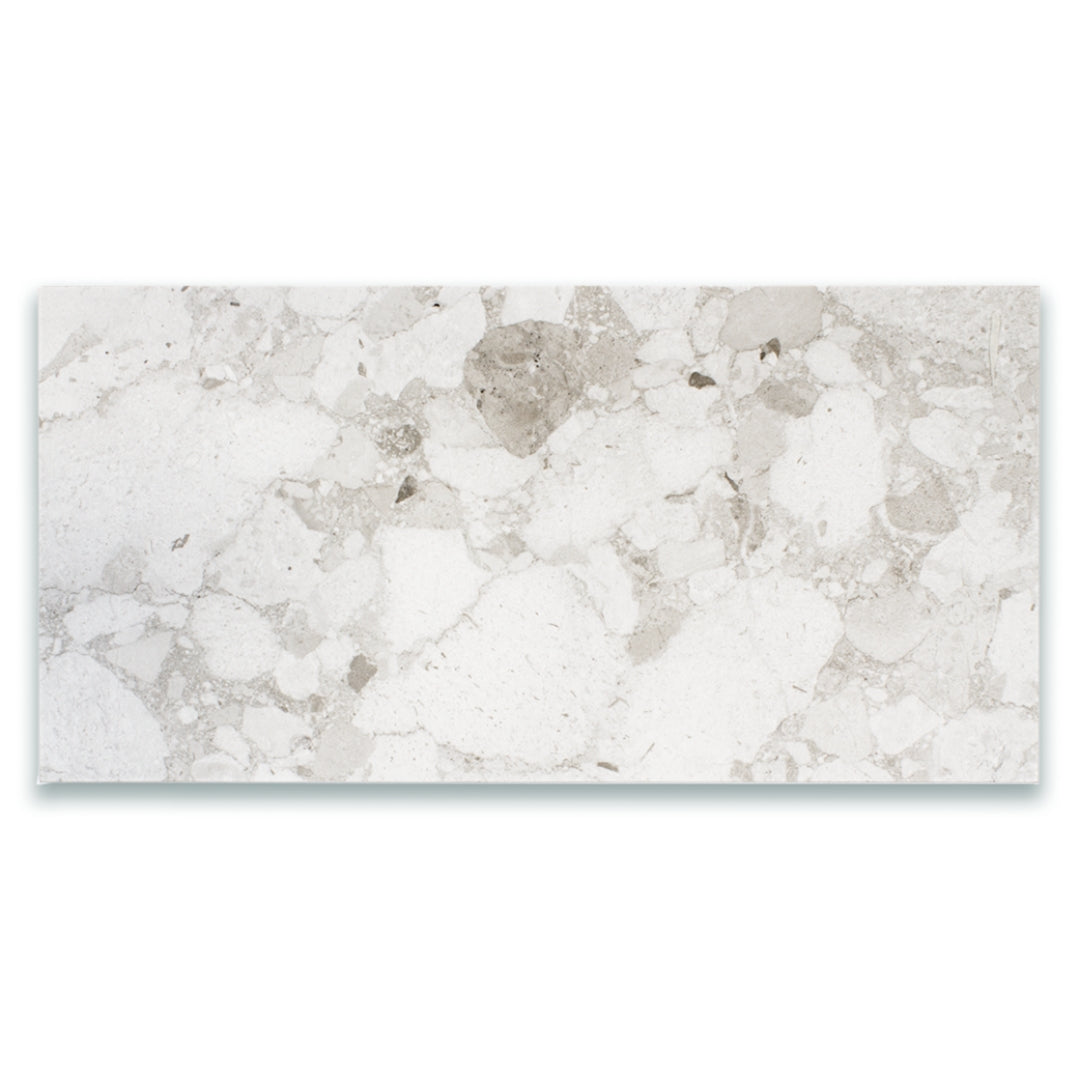 Ariel view of a single 24x48 light grey Rainstone mist terrazzo look tile. 