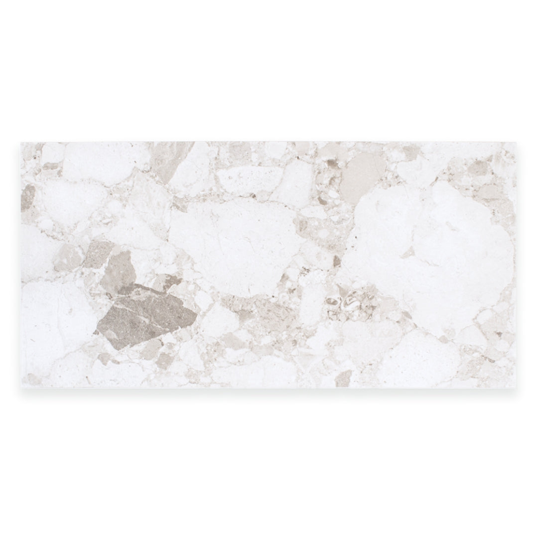Ariel view of a single rectangular offwhite Rainstone powder terrazzo look tile. 